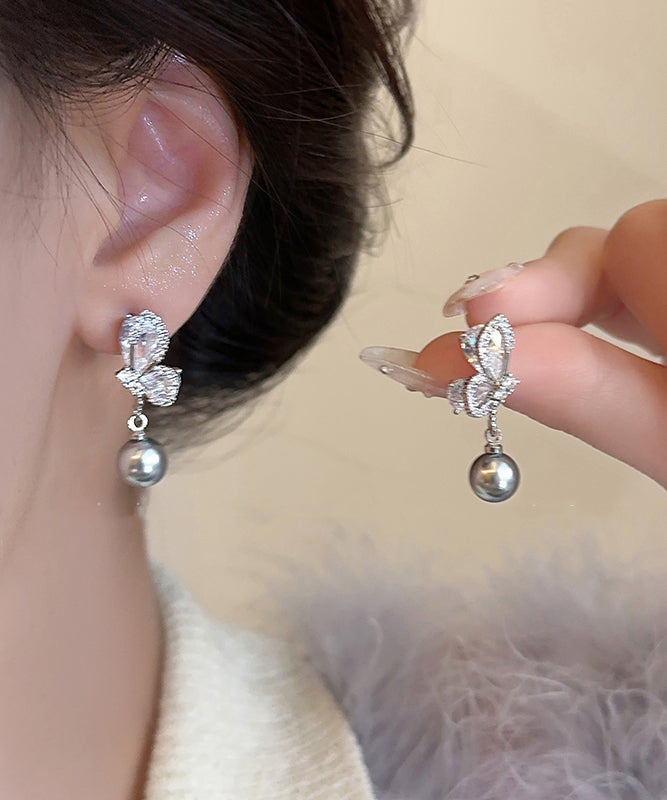 Sterling Silver Drop Grey Zircon New Pearl Earrings