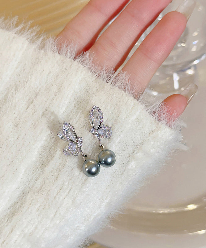 Sterling Silver Drop Grey Zircon New Pearl Earrings