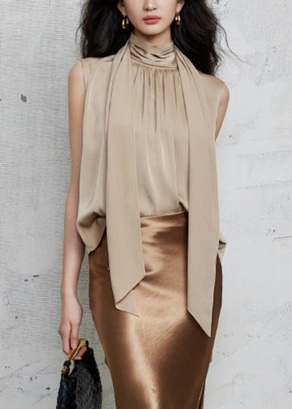 Bow Khaki New Sleeveless Silk Wrinkled Shirt