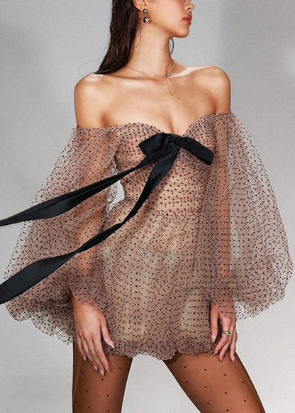 New Shoulder Dot Dresses Sleeve Khaki Cold Mini Tulle Lantern