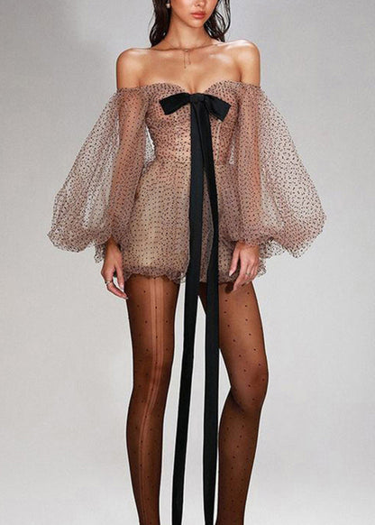 New Shoulder Dot Dresses Sleeve Khaki Cold Mini Tulle Lantern