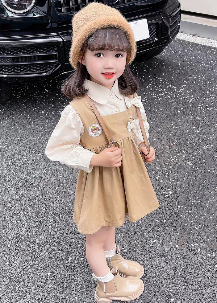 New Khaki Peter Pan Collar False Two Pieces Cotton Girls Dress Long Sleeve XZ023