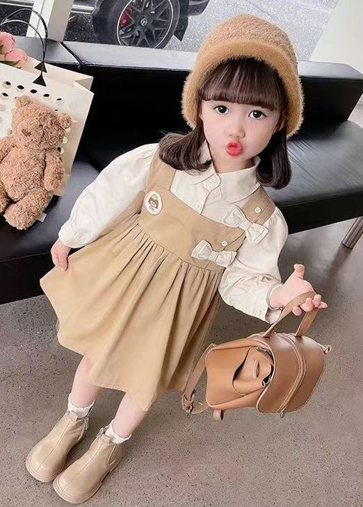 New Khaki Peter Pan Collar False Two Pieces Cotton Girls Dress Long Sleeve XZ023