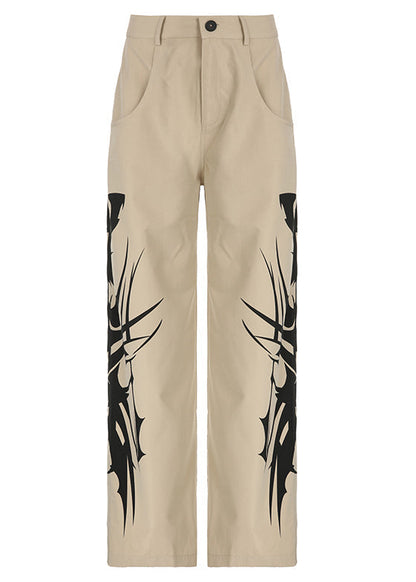 Pantalon taille haute en coton avec poches imprimées kaki pour l'été PP007