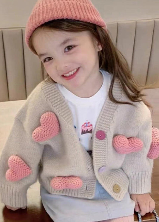 New Khaki V Neck Love Cotton Knit Girls Cardigan Winter WL050