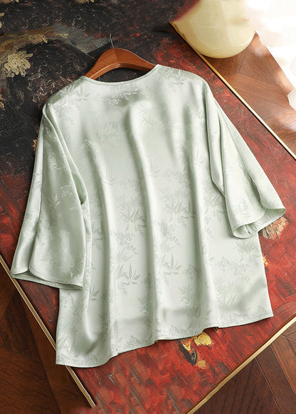 New Light Green O-Neck Button Silk Blouses Bracelet Sleeve GG007