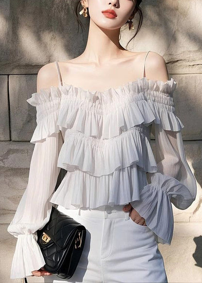 Light Chiffon Butterfly New Sleeve Blouses Grey Solid Ruffled
