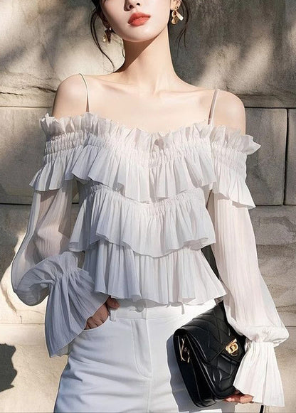 Light Chiffon Butterfly New Sleeve Blouses Grey Solid Ruffled