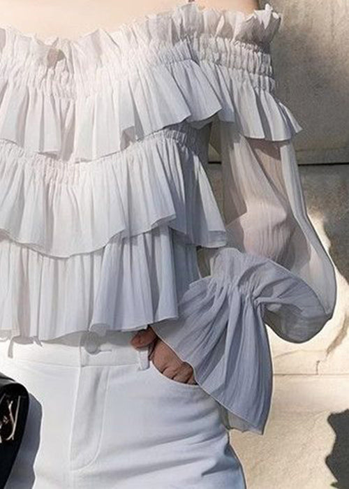 Light Chiffon Butterfly New Sleeve Blouses Grey Solid Ruffled