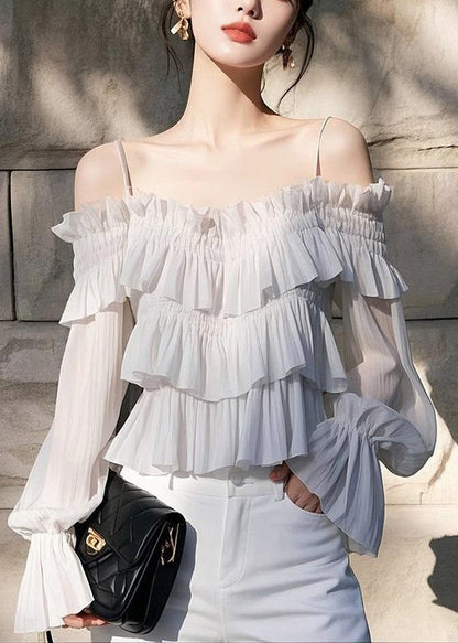 Light Chiffon Butterfly New Sleeve Blouses Grey Solid Ruffled