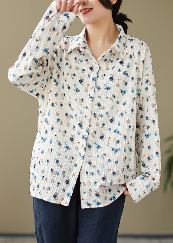 New Loose Beige Peter Pan Collar Print Cotton Shirt Spring TN002