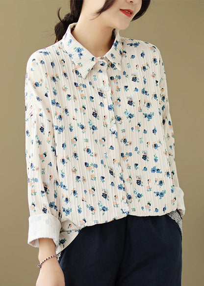 New Loose Beige Peter Pan Collar Print Cotton Shirt Spring TN002