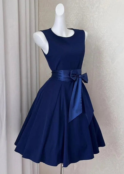 Mid Bow Sleeveless Solid New Cotton Navy Dress