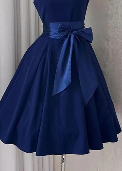 Mid Bow Sleeveless Solid New Cotton Navy Dress