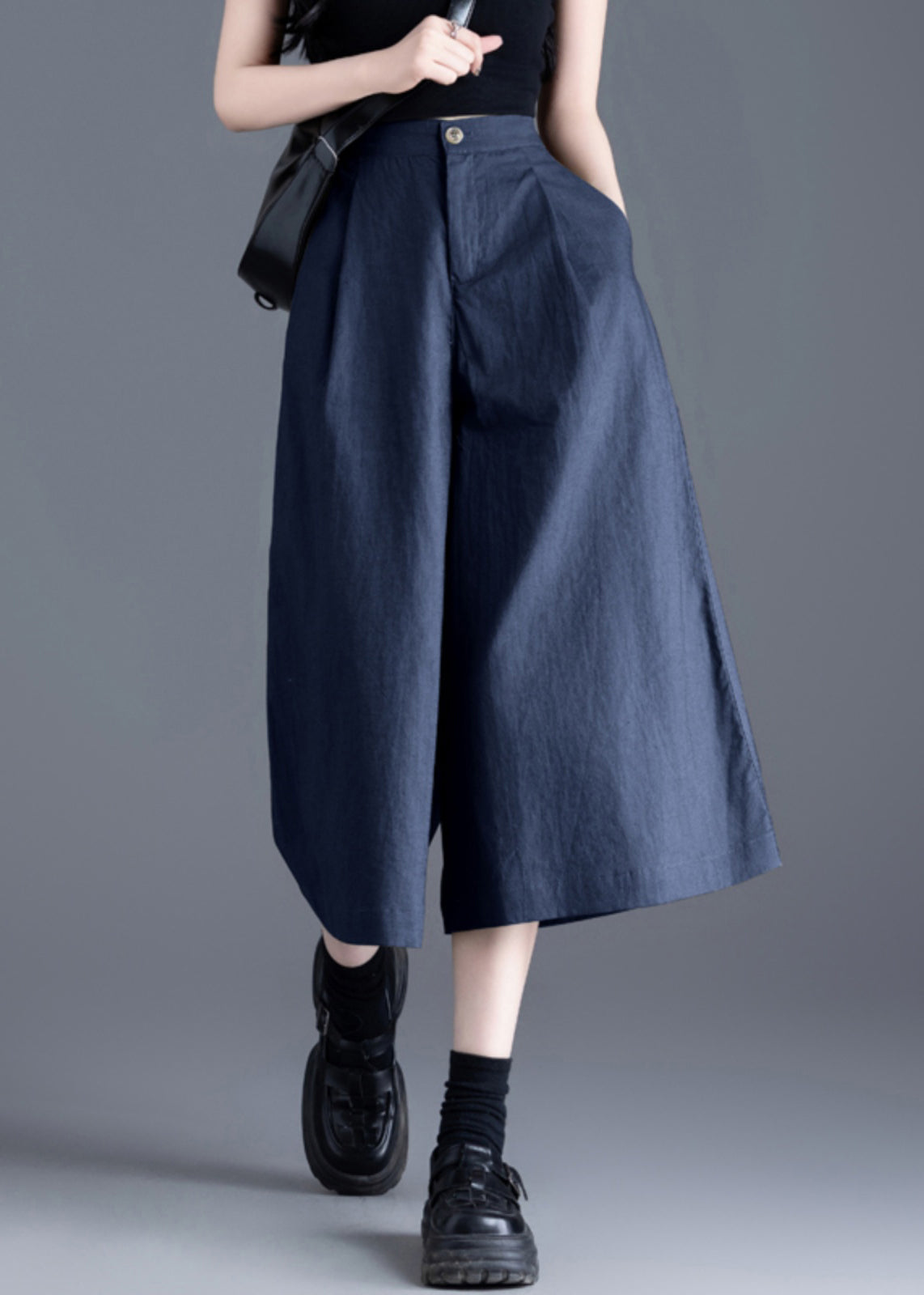 Pants Summer Crop Pockets Elastic Navy New Waist Linen