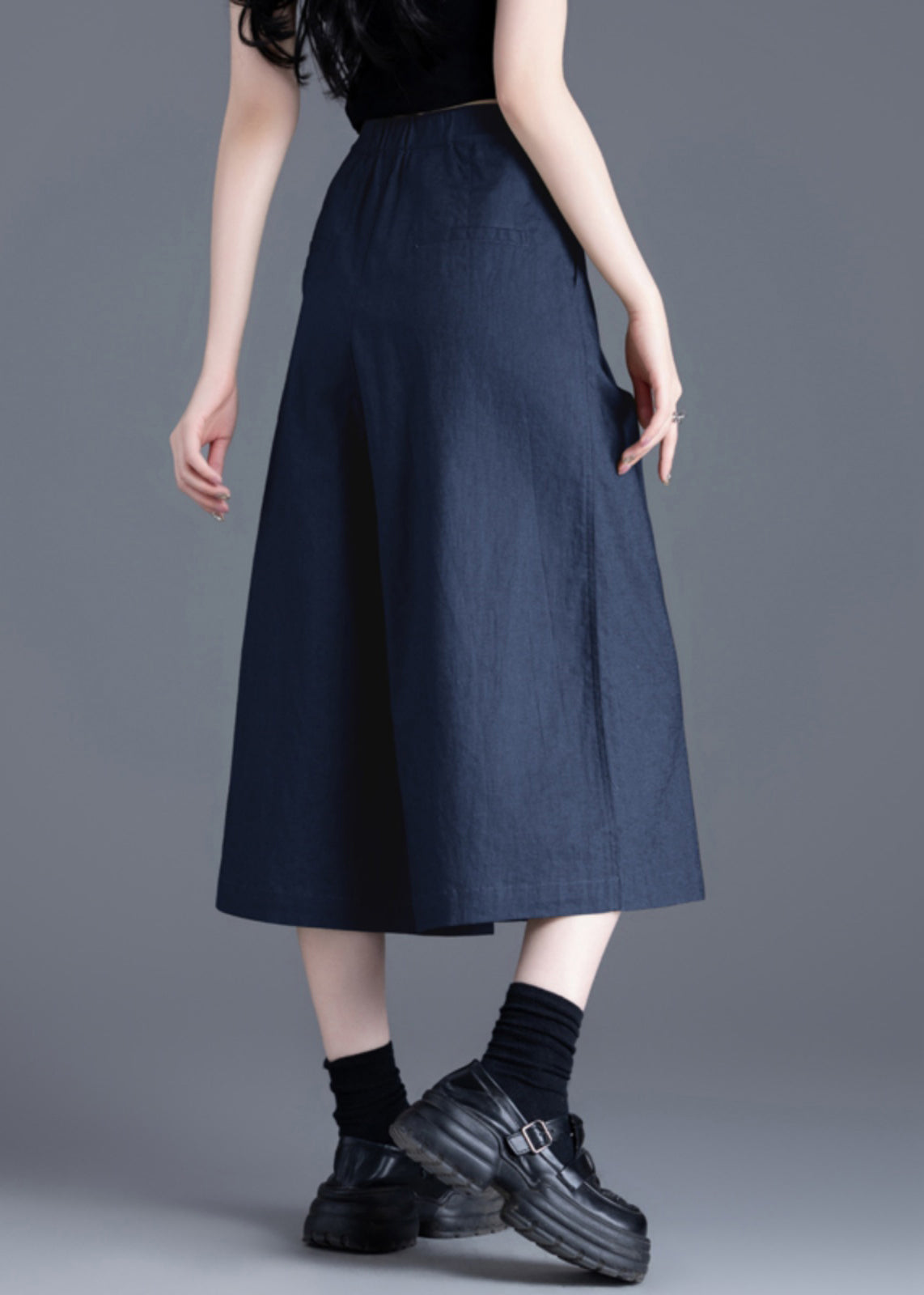 Pants Summer Crop Pockets Elastic Navy New Waist Linen