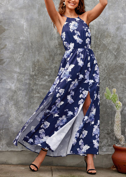 New Navy Side Open Print Cotton Maxi Dresses Summer WW1050