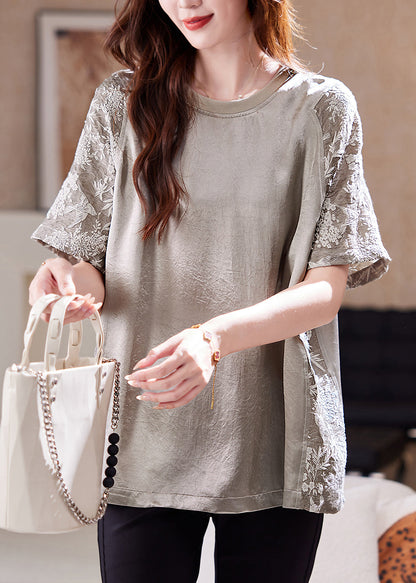 Top Cotton Jacquard Neck New Patchwork O Summer T Shirt