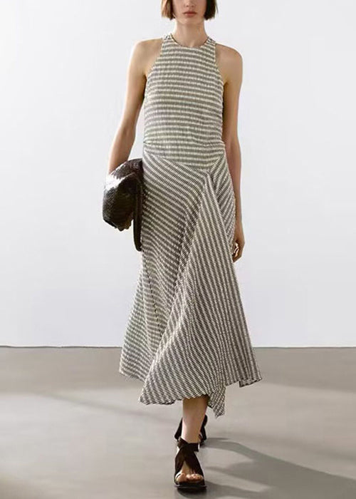 Design Neck Striped Cotton Long New Sleeveless O Dresses Original