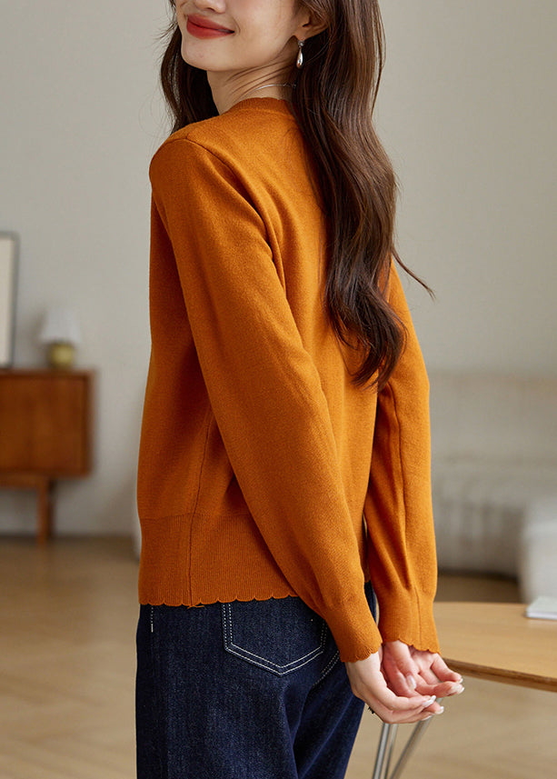 Nouveau manteau en laine tricoté confortable à col rond et boutons orange pour l'automne QV062