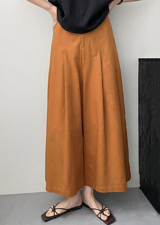 New Orange Pockets Solid Cotton Wide Leg Pants Summer QE045