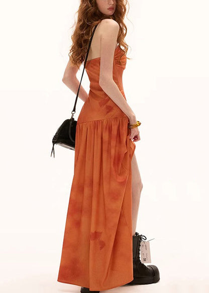 Side Open Maxi Orange Print Cotton Dresses New Wrinkled