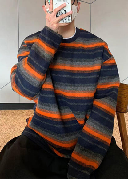 Striped New Shirts T Cotton Spring Men O-Neck Orange