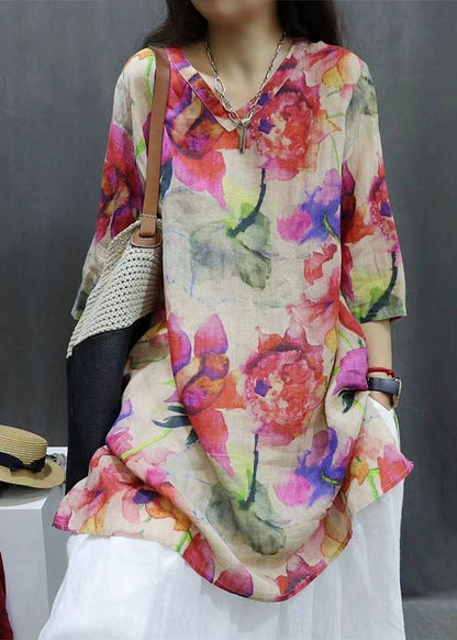 New Photo Color V Neck Print Linen Blouse Half Sleeve GG065