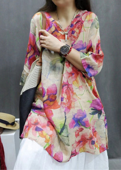 New Photo Color V Neck Print Linen Blouse Half Sleeve GG065