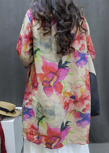 New Photo Color V Neck Print Linen Blouse Half Sleeve GG065