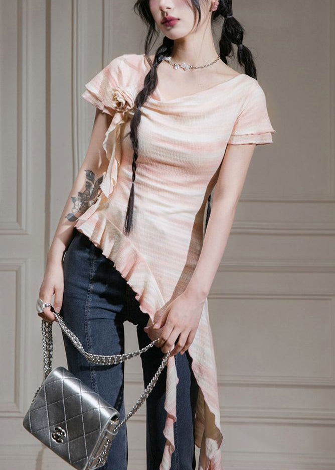 New Pink Asymmetrical Ruffled Cotton T Shirts Summer KK065