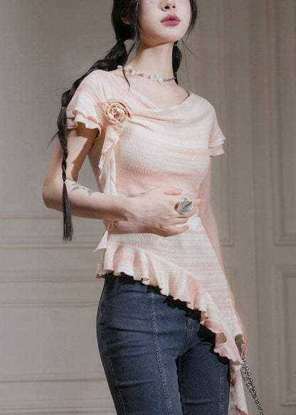 New Pink Asymmetrical Ruffled Cotton T Shirts Summer KK065