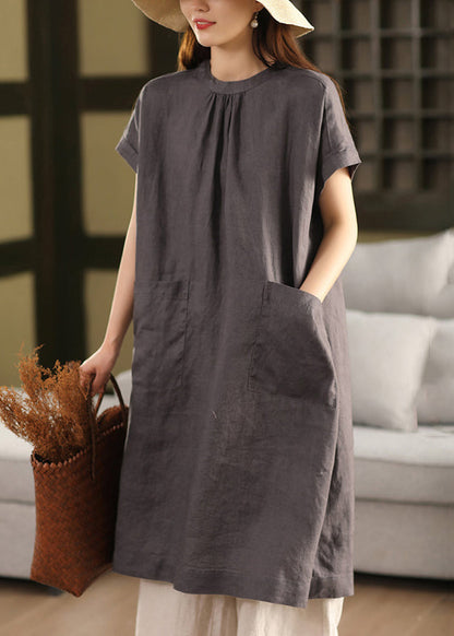 Open Pink Dress Linen Pockets Summer New Button Side
