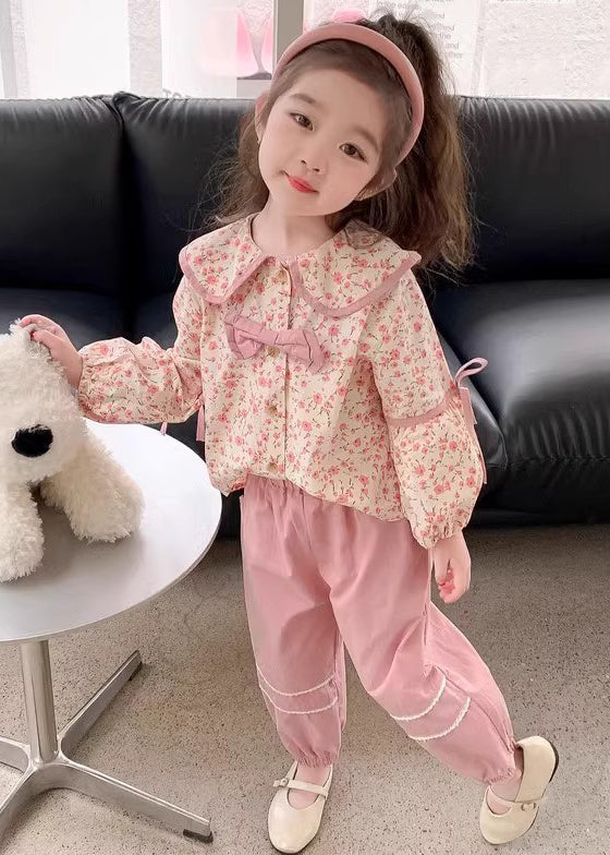 Ensemble deux pièces en coton imprimé bouton rose pour fille, manches longues, YU1050