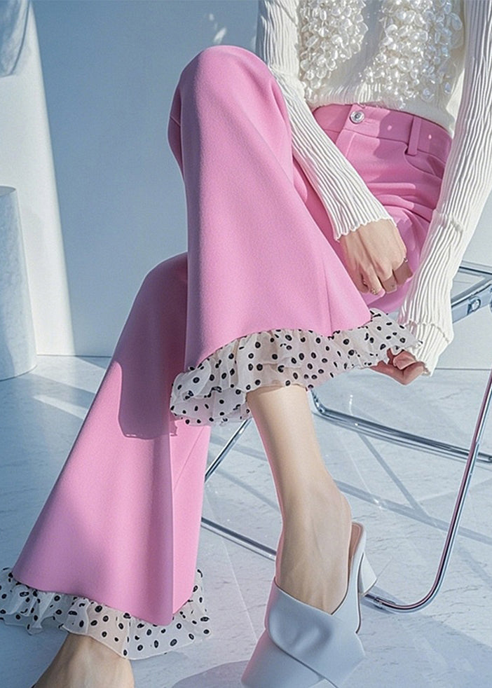 Flare Spring Dot Patchwork Bottoms Pink Waist High New