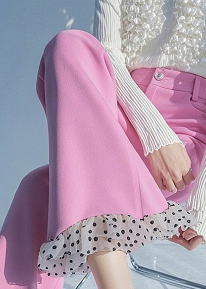 Flare Spring Dot Patchwork Bottoms Pink Waist High New