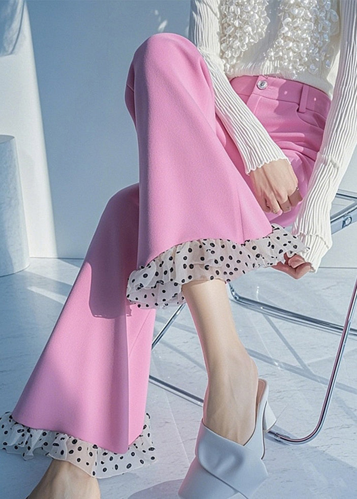 Flare Spring Dot Patchwork Bottoms Pink Waist High New