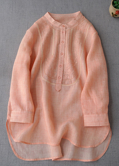 New Pink Embroidered Button Linen Shirts Long Sleeve MN068