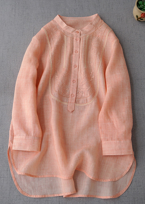 New Pink Embroidered Button Linen Shirts Long Sleeve MN068