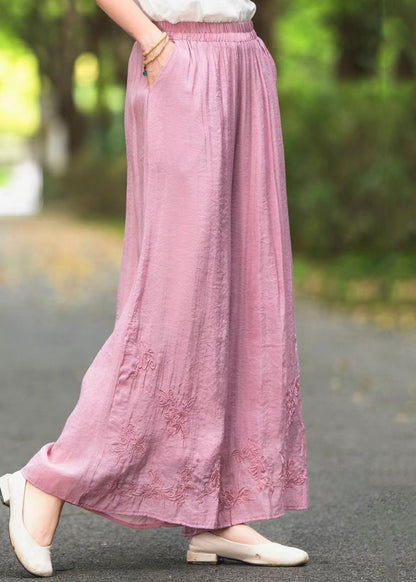 Elastic Silk Summer Pants Embroidered Waist Leg Wide Pink New
