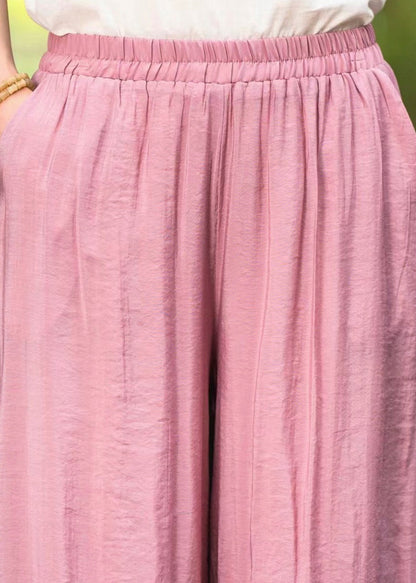Elastic Silk Summer Pants Embroidered Waist Leg Wide Pink New