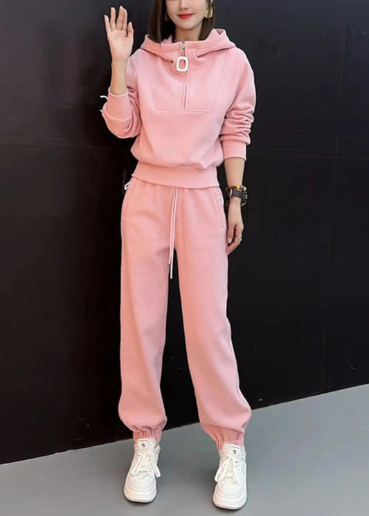 And Beam Cotton New Tops Pieces Pants Hooded Two Zippered Pink