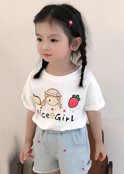 New Pink O Neck Print Cozy Cotton Girls T Shirts Summer YU1057