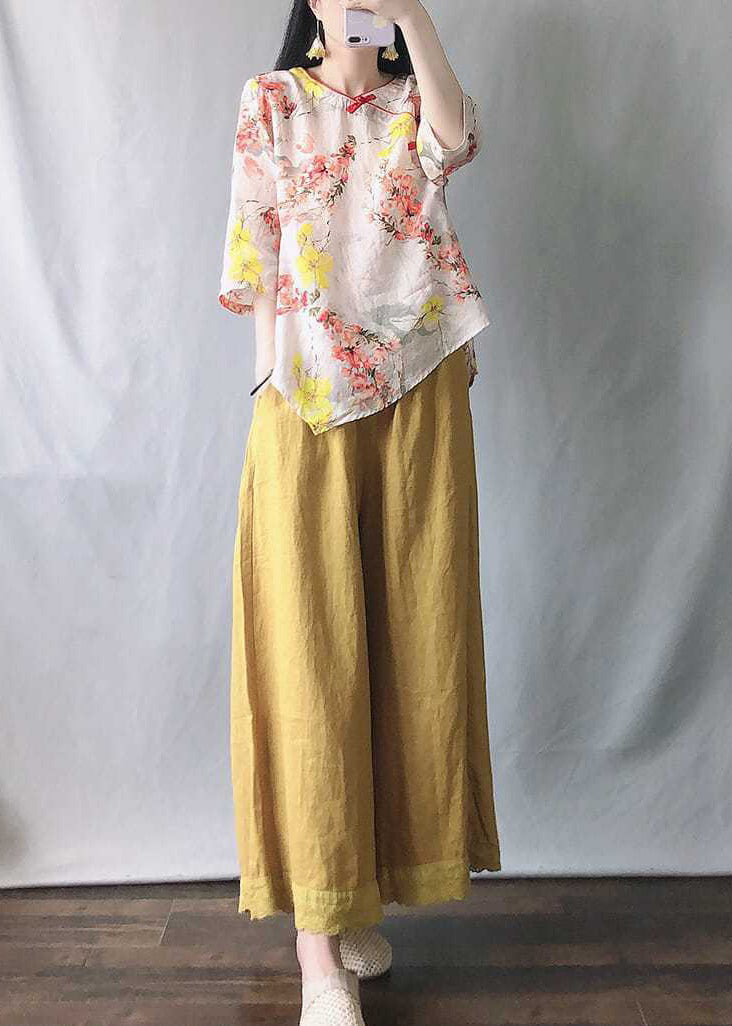 New Pink Print Tops And Yellow Wide Leg Pants Cotton Two-Piece Set Half Sleeve VV058