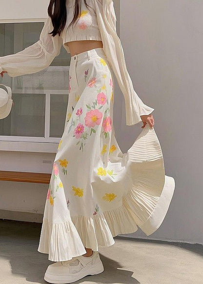 New Pink Print Waist Spring Skirts Cotton High Wrinkled