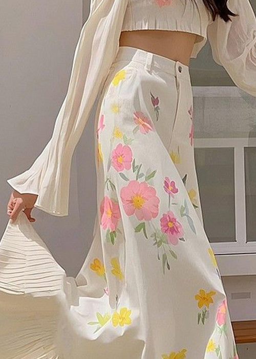 New Pink Print Waist Spring Skirts Cotton High Wrinkled