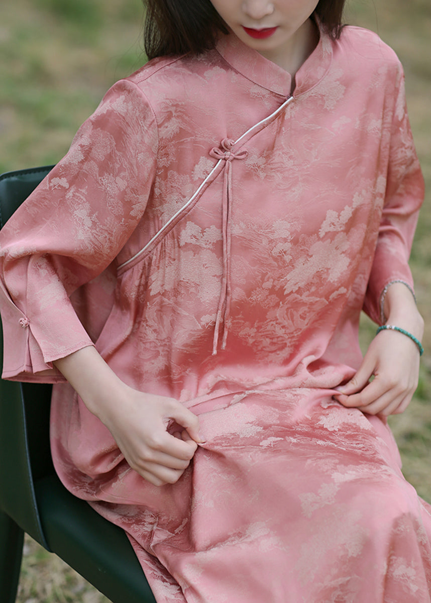 New Pink Stand Collar Chinese Button Silk Cotton Long Dress Bracelet Sleeve AU1051