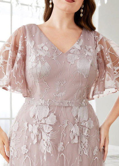 Flare Waist Pink V Party Sleeve High Dress Lace New Neck