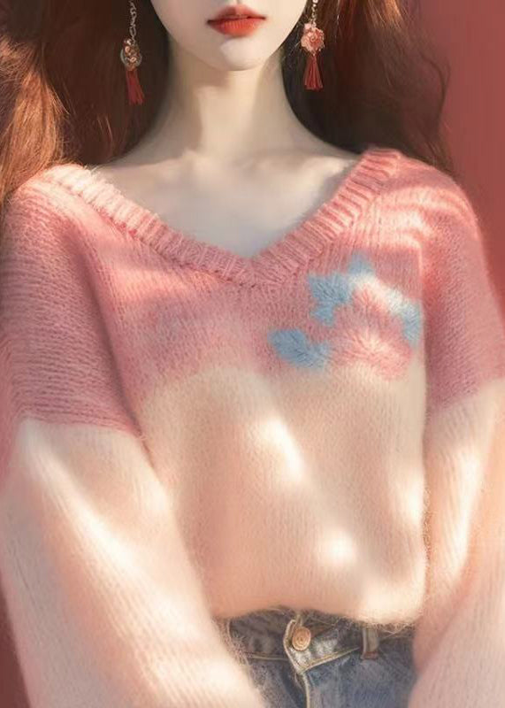 Neue rosa V-Ausschnitt Patchwork Strickpullover Winter WK031