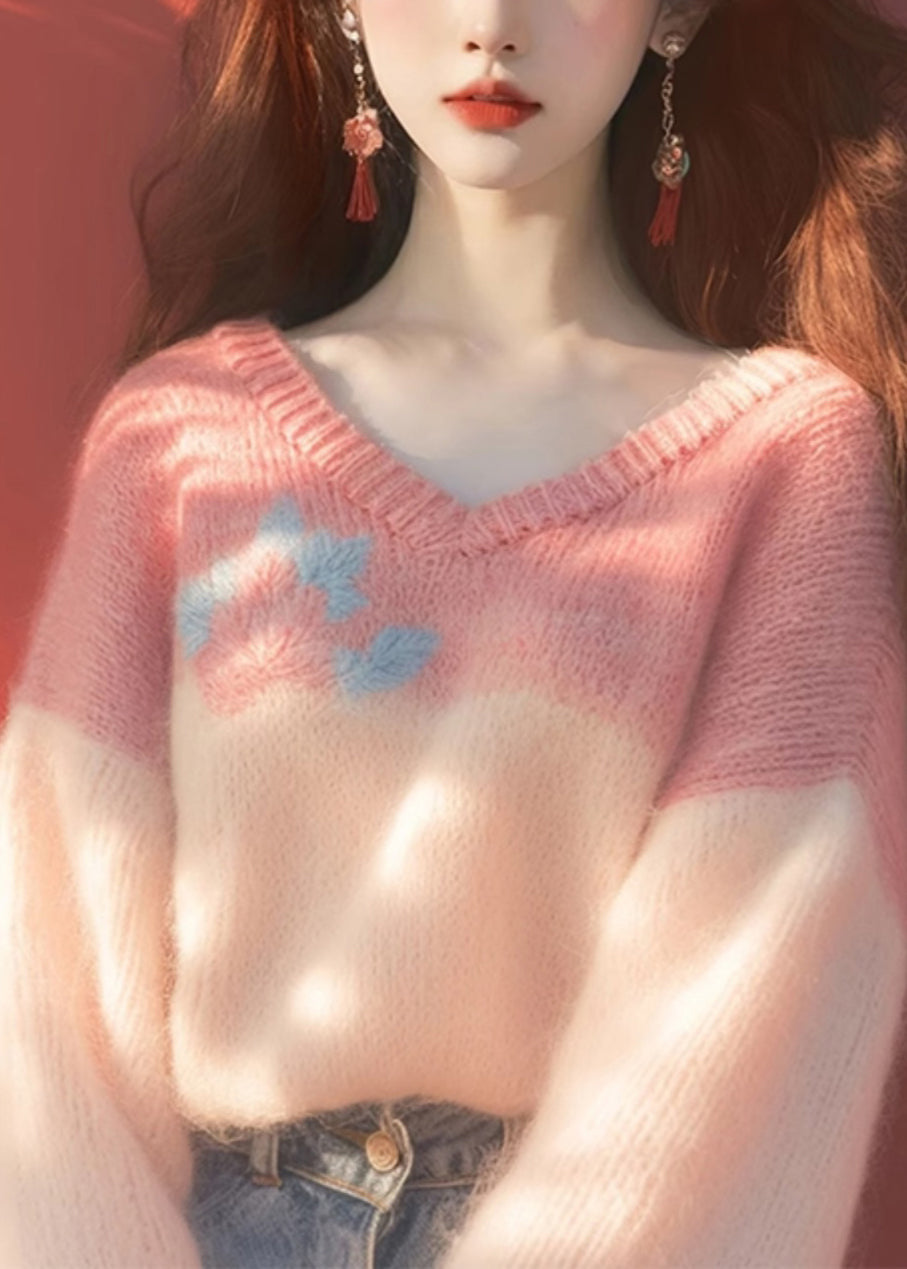 Neue rosa V-Ausschnitt Patchwork Strickpullover Winter WK031